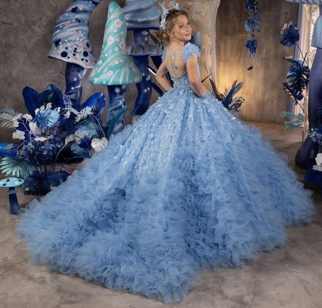 3m / Blue Sunnypetal Gorgeous Blue Tulle Sequins Butterfly Flower Girl Dresses Birthday Pageant Gowns