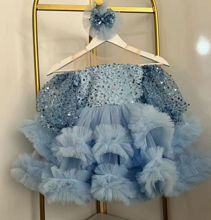 3m / Blue Sunnypetal Off Shoulder Glitter Sequins Baby Toddler Puffy Tulle Short Flower Girl Dress