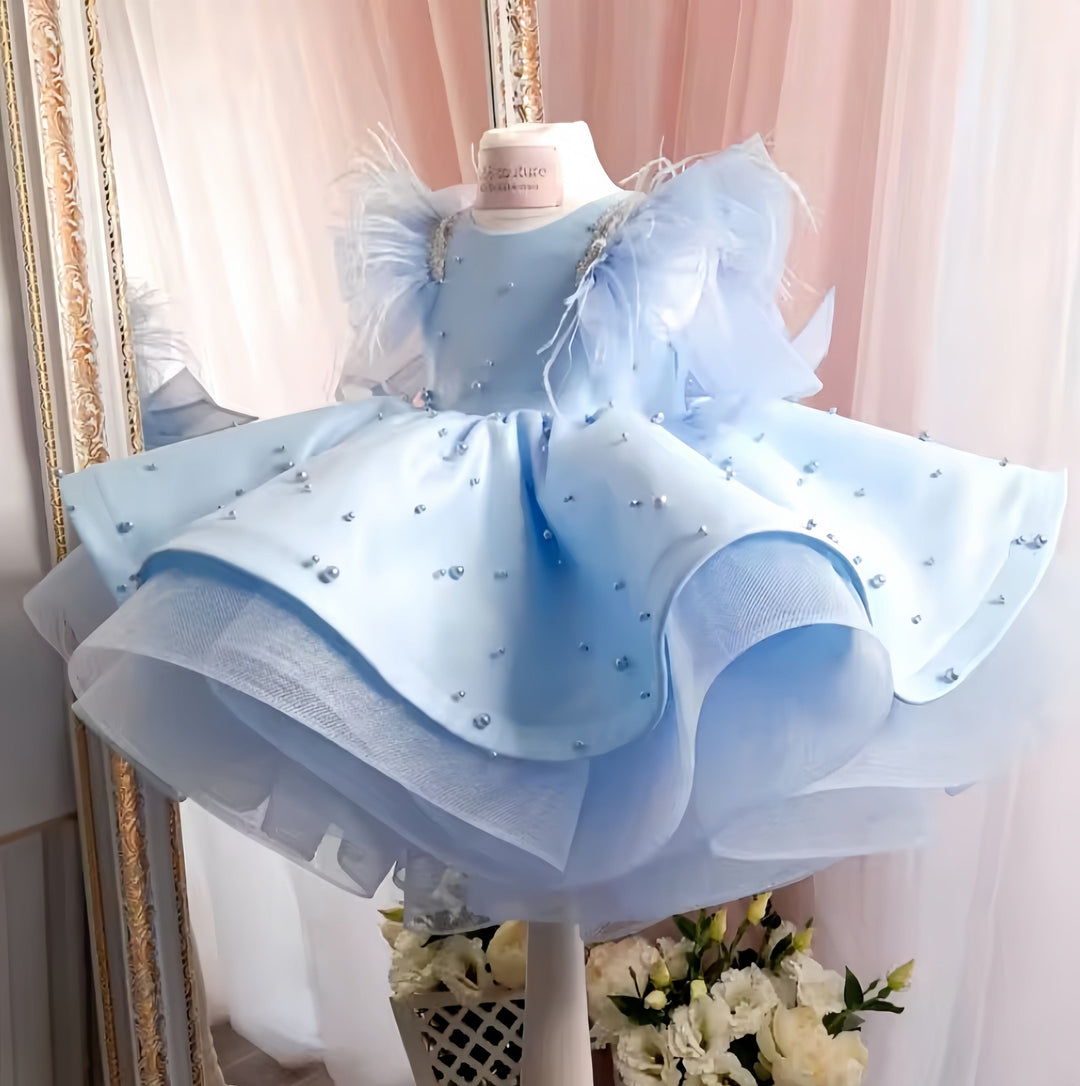 3m / Blue Sunnypetal Satin Baby Toddler Flower Girl Dresses Pearls Bow Feather Birthday Party Dress