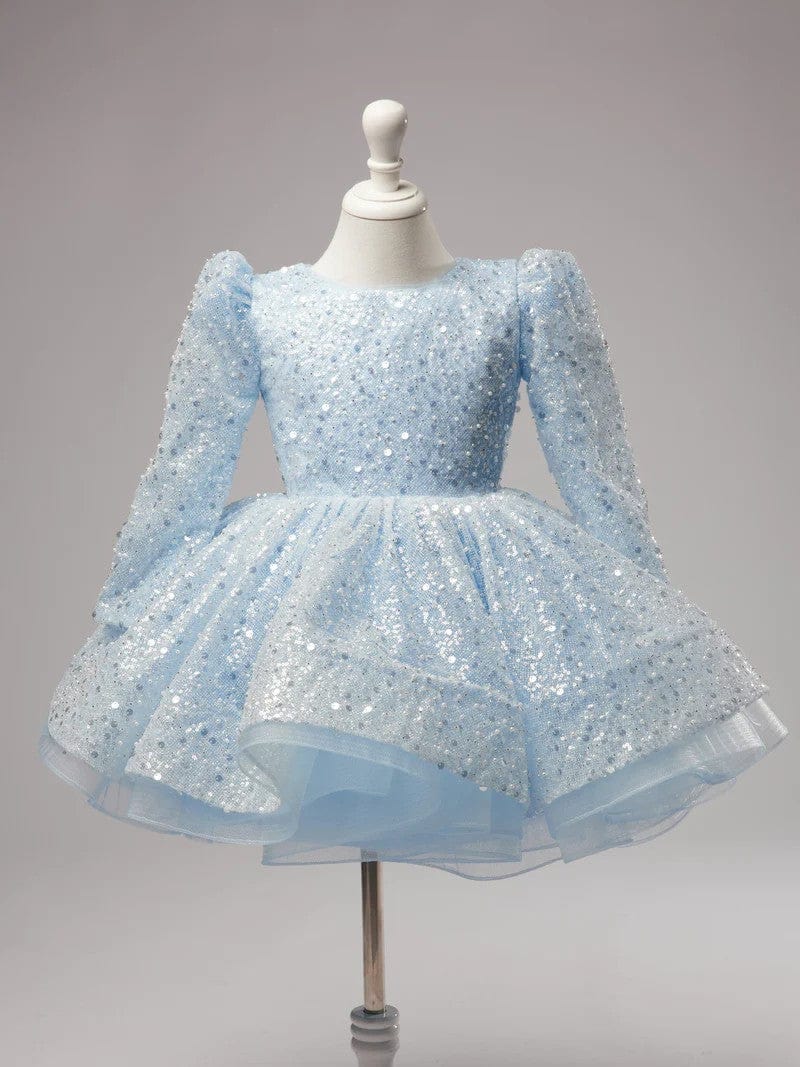 3m / Blue Sunnypetal Shiny Sequins Pearls Blue Long Sleeves Knee-Length Birthday Prom Flower Girl Dresses