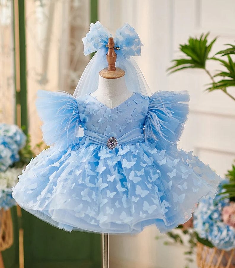 3m / Blue Sunnypetal Short Sleeves Feather Tulle Knee-Length Birthday Party Baby Girl Dress