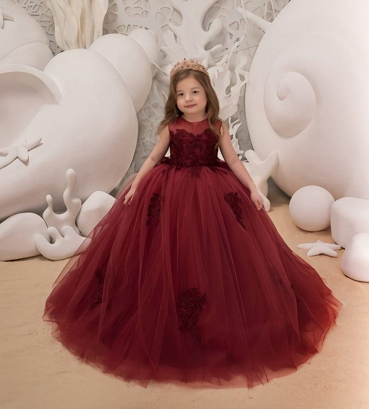 3m / Burgundy Sunnypetal Burgundy Puffy Tulle Flower Girl Dresses Lace Appliques Sleeveless Kids Ball-Gown