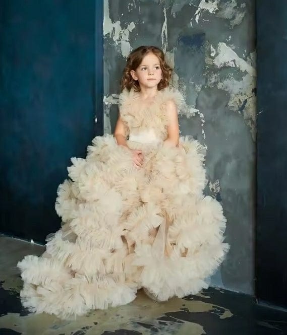 3m / Champagne Sunnypetal Ball Gown Puffy Tulle Flower Girl Dresses Long Ruffles Princess Pageant Formal Dress