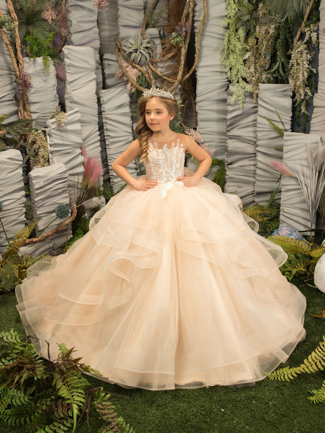 3m / Champagne Sunnypetal Champagne Layered Tulle Flower Girl Dresses Lace Appliques Sequins Wedding Pageant Dress