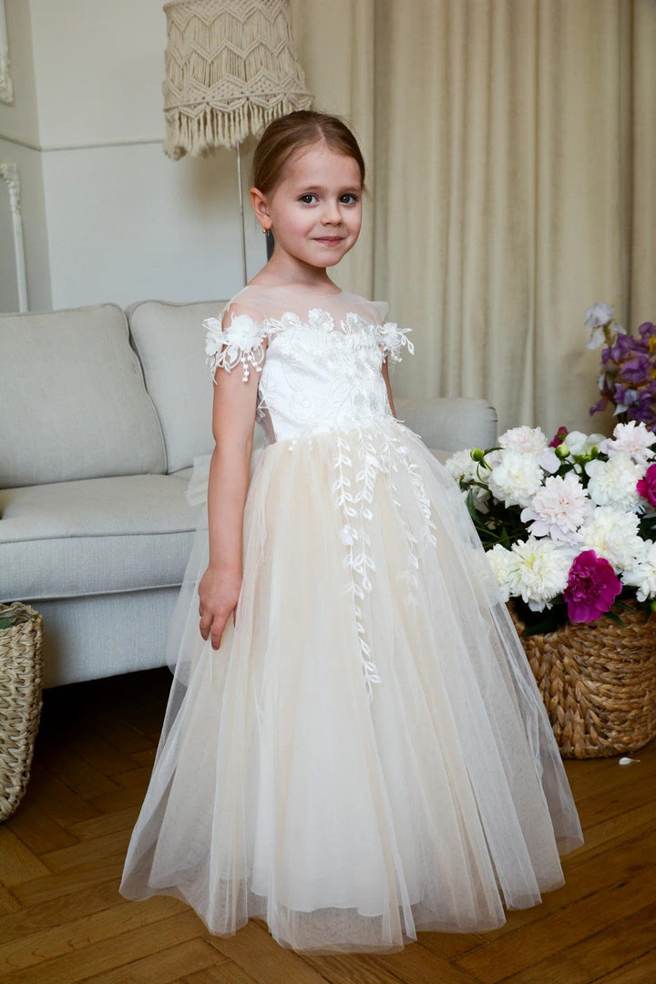 3m / Champagne Sunnypetal Champagne Puffy Tulle Flower Girl Dresses Lace Applique Pearls Wedding Party Dress