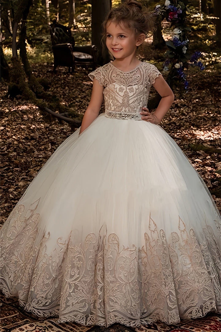 3m / Champagne Sunnypetal Short Sleeves Lace Floor-Length Flower Girl Dress Ball Gown Tulle With Beads