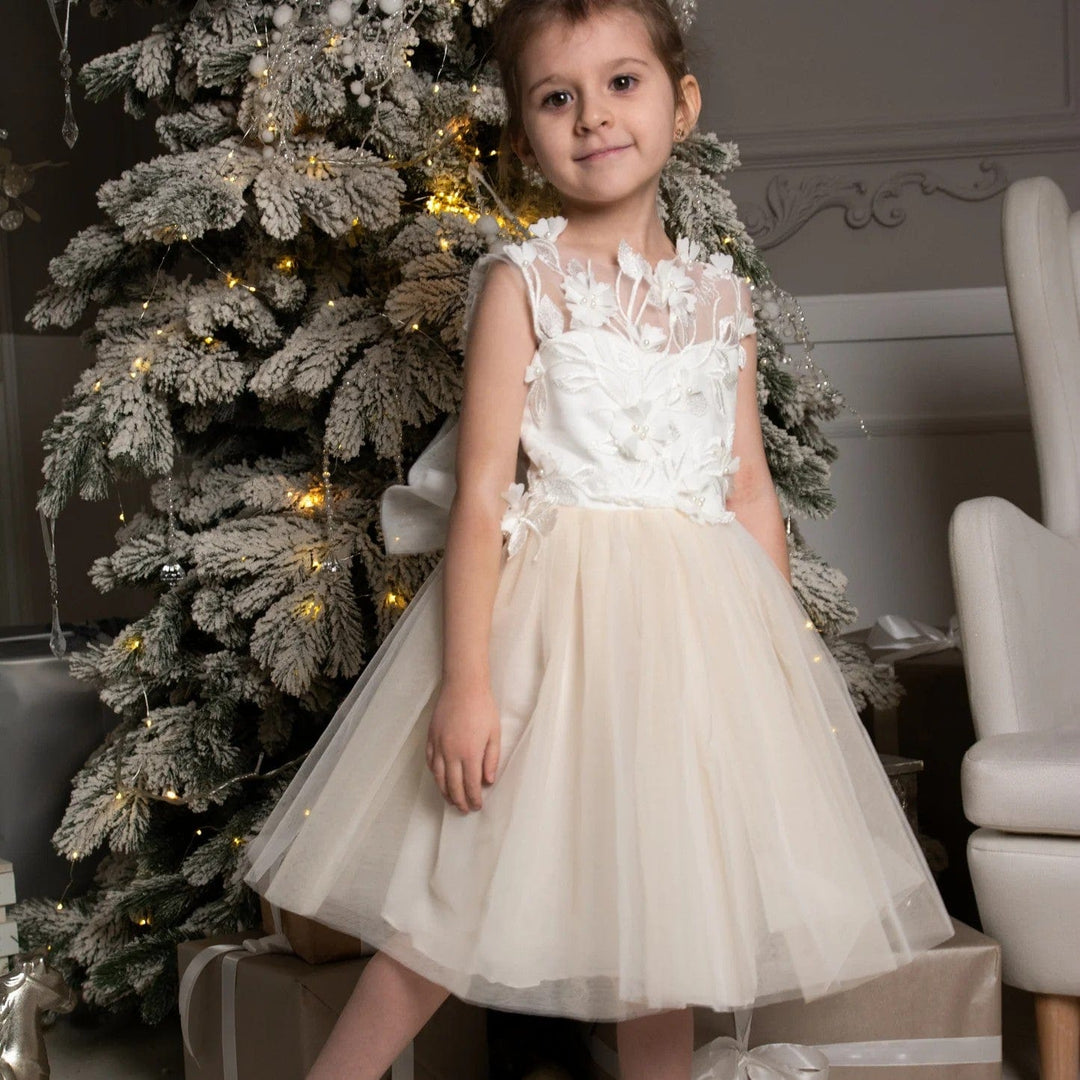 3m / Champagne Sunnypetal Tulle Applique Sleeveless Knee-Length Kids Flower Girl Dress with 3D Floral/Bow