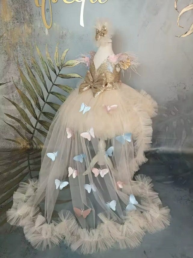 3m / Champagne Sunnypetal Tulle Flower Girl Dresses Gold Sequins Child Butterfly Feather Party Dress Bow