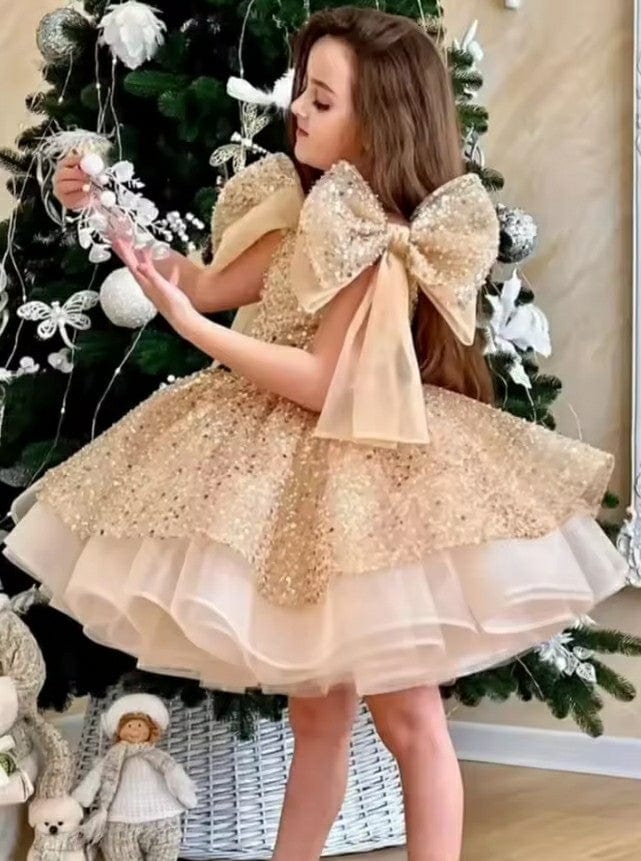 3m / Champagne Sunnypetal Tulle Flower Girl Dresses Knee Length Glitter Sequins Toddler Pageant Ballet Tutu Dress