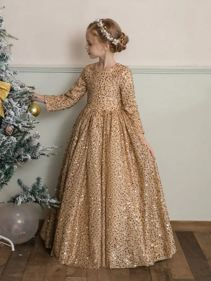 3m / Champagne Sunnypetal Velvet Sequins Long Sleeves Floor-Length Princess Flower Girl Dresses