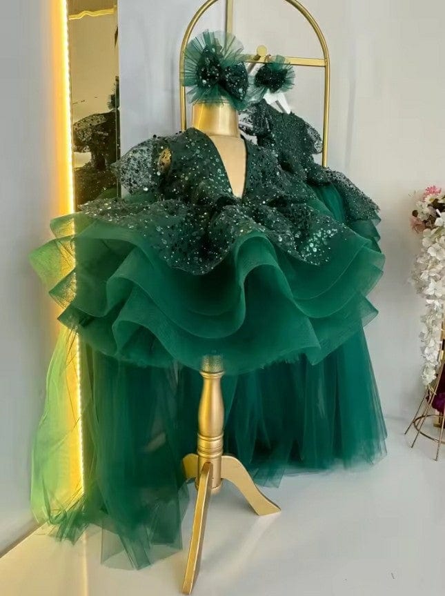 3m / Emerald Green Sunnypetal Puffy Tulle Sequins Baby Kids Flower Girl Dresses Pageant Dresses With Train