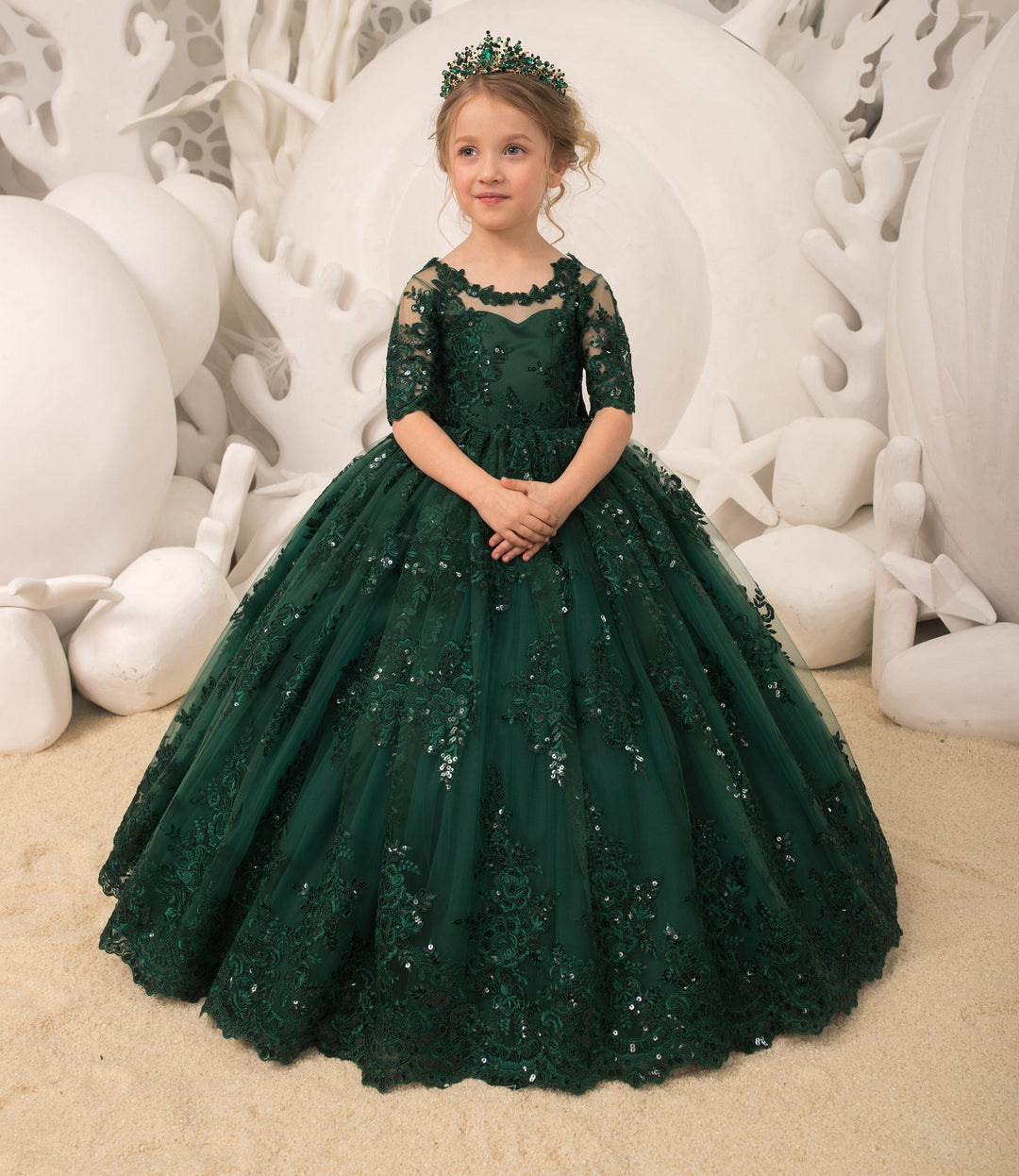 3m / Emerald Green Sunnypetal Tulle Lace Appliques Sequins Floor-Length Princess Velvet Bow Flower Girl Dresses