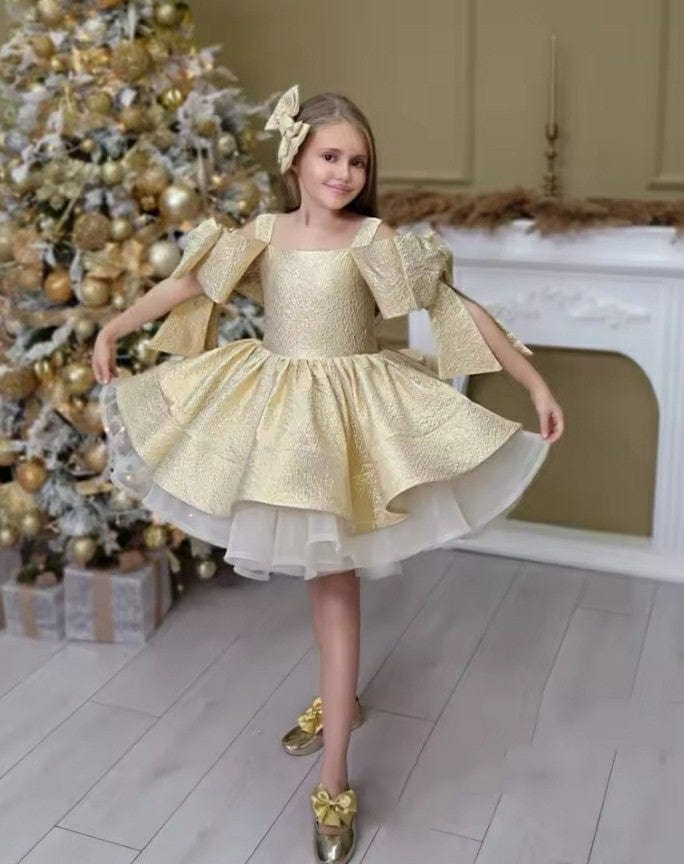 3m / Gold Sunnypetal Gold Satin Puffy Princess Flower Girl Dresses Short Big Bow Pageant Prom Dress