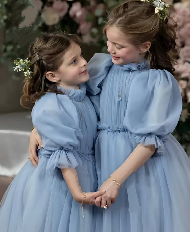 3m / Gray Blue Dunnypetal Grey Blue Tulle High Neck Flower Girl Dress For Wedding Kids Birthday Party Gown