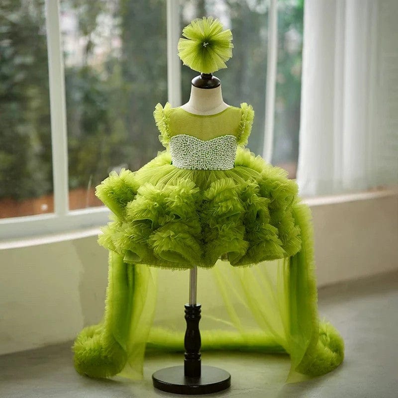 3m / Green Sunnypetal Exquisite Tulle Asymmetrical Ball-Gown Birthday Party Baby Girl Dress