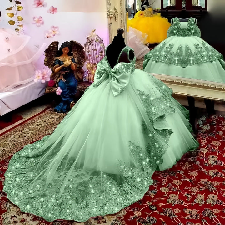 3m / Green Sunnypetal Sparkling Flower Girl Dress With Bow Lace Applique Beaded Baby Lovely Pageant Ball Gown