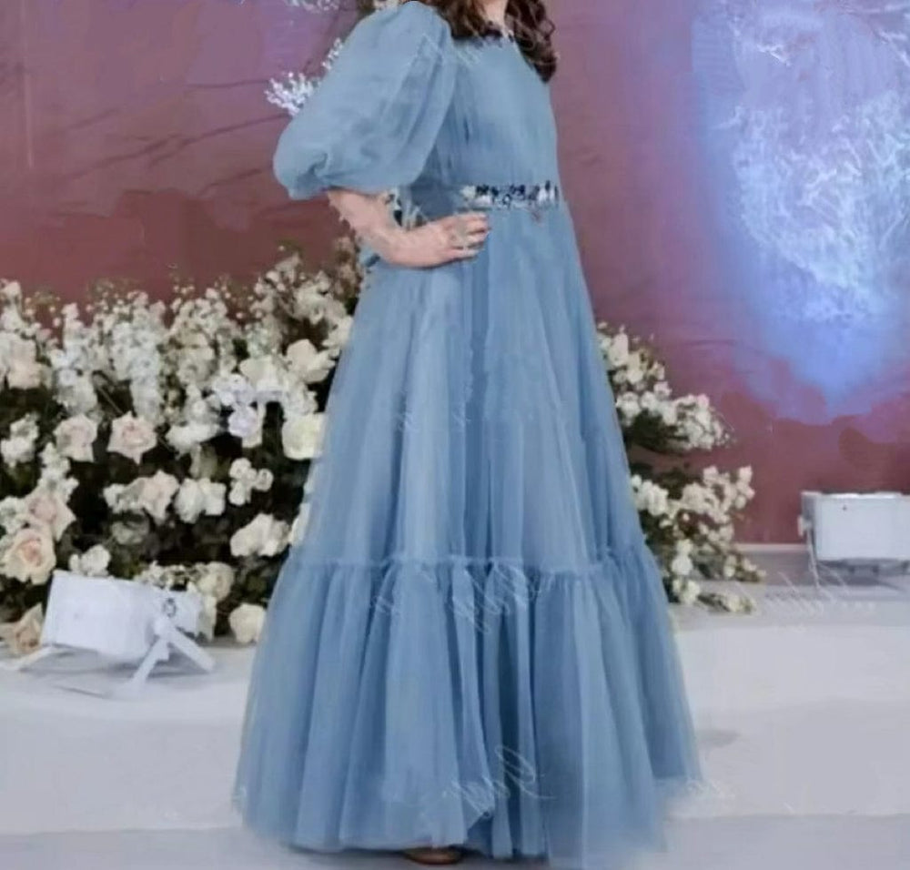 3m / Grey Blue Sunnypetal Puff Sleeves Puffy Tulle Flower Girl Dresses Floor-Length Princess Dress