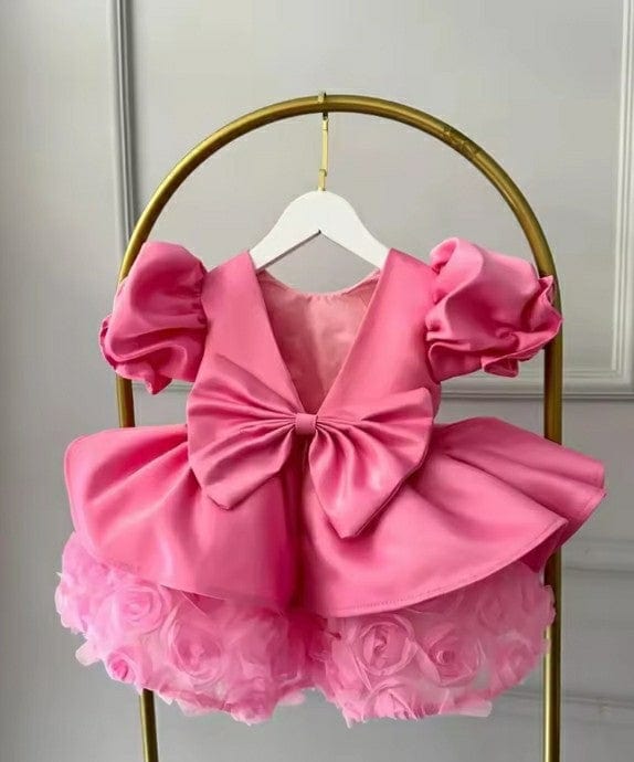 3m / Hot Pink Sunnypetal Hot Pink Puff Sleeves Satin Knee Length 1st Birthday Party Dress for Baby Girls