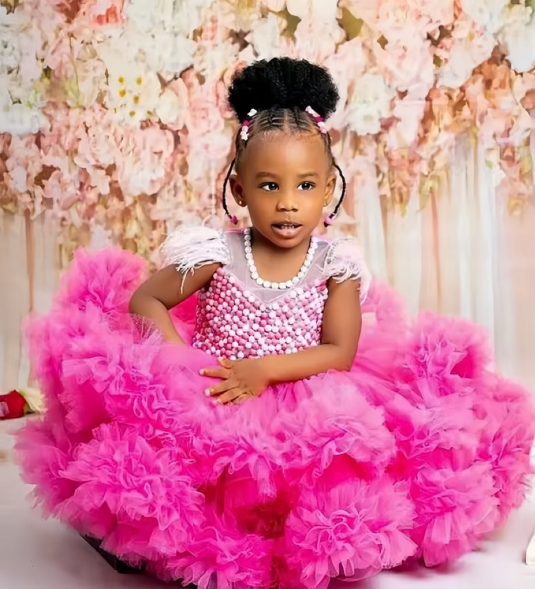 3m / Hot Pink Sunnypetal Hot Pink Ruffles Tulle Feather Baby Toddler Long Pearls Flower Girl Dress