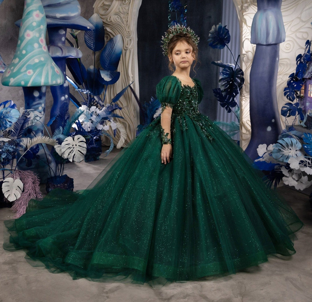 3m / Hunter Green Sunnypetal Glitter Tulle Hunter Green Puff Sleeves Appliques Flower Girl Dresses