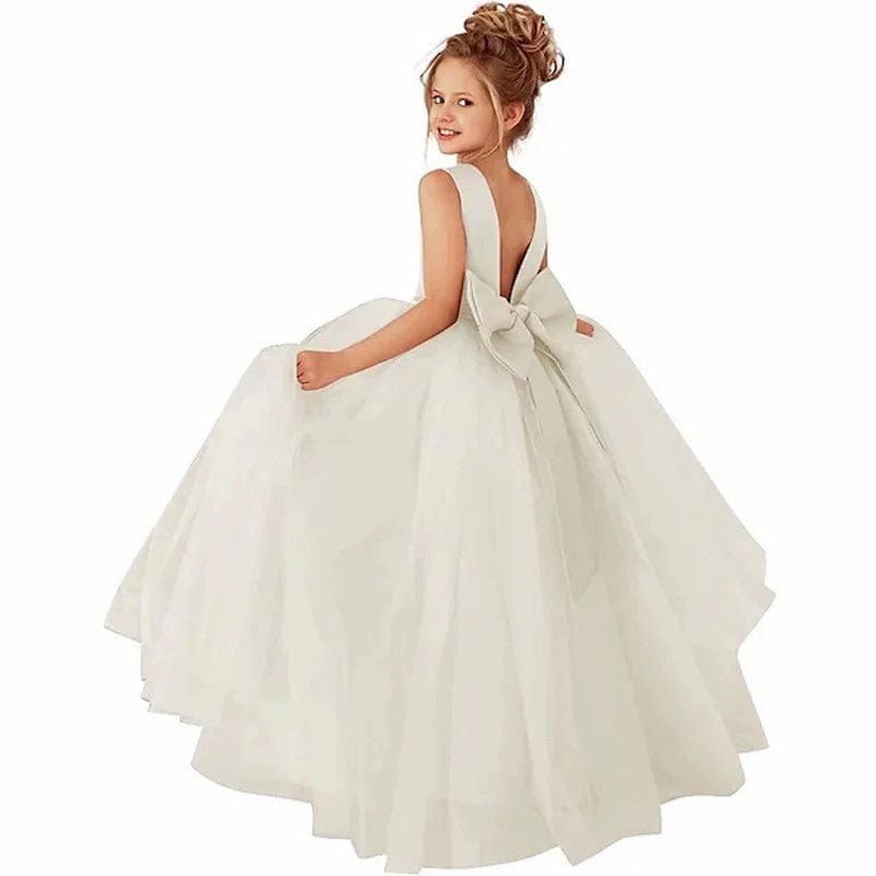 3m / Ivory Sunnypetal Ball-Gown Satin Bow Tulle Pearls Floor-Length Flower Girl Dress