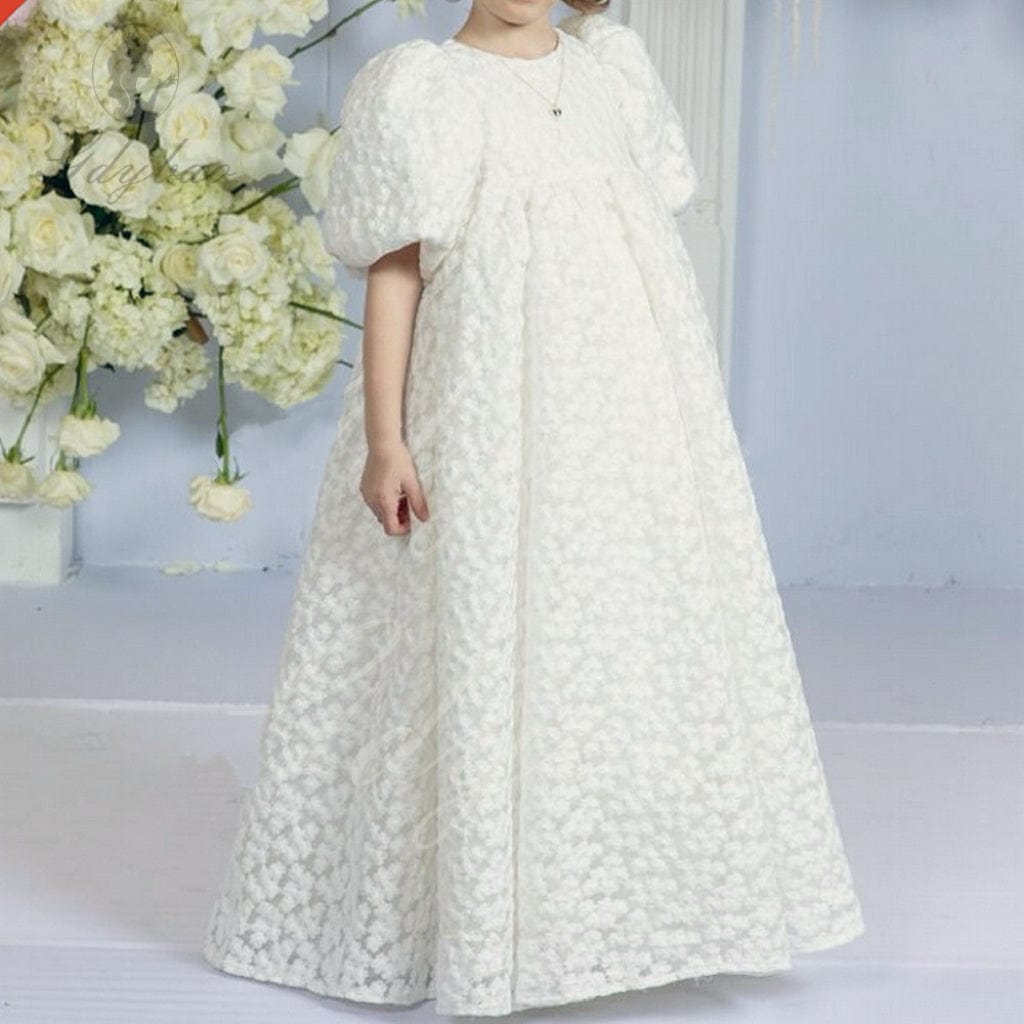 3m / Ivory Sunnypetal Embroidery Hollow Out Lace Flower Girl Dresses Puff sleeves High Waisted Toddler Gowns