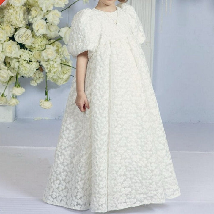 3m / Ivory Sunnypetal Embroidery Hollow Out Lace Flower Girl Dresses Puff sleeves High Waisted Toddler Gowns