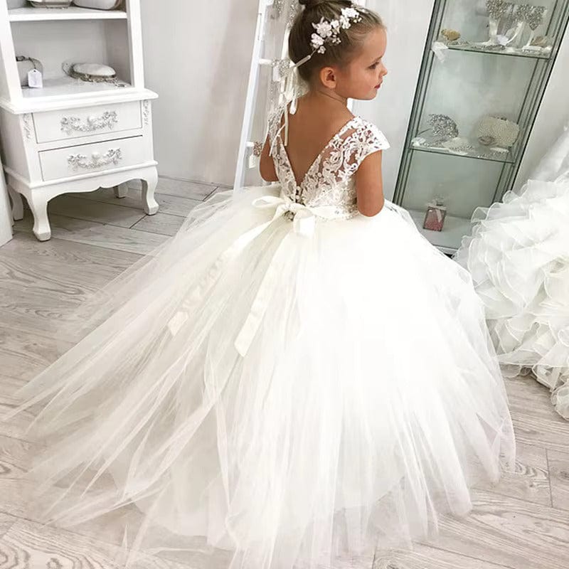 3m / Ivory Sunnypetal Flower Girl Dresses Lace Sleeveless Tulle Ball Gowns With Beading