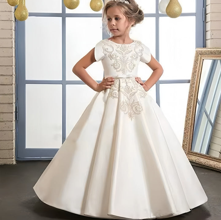 3m / Ivory Sunnypetal Gold Appliques Elegant Satin Flower Girl Dresses First Holy Communion Dress