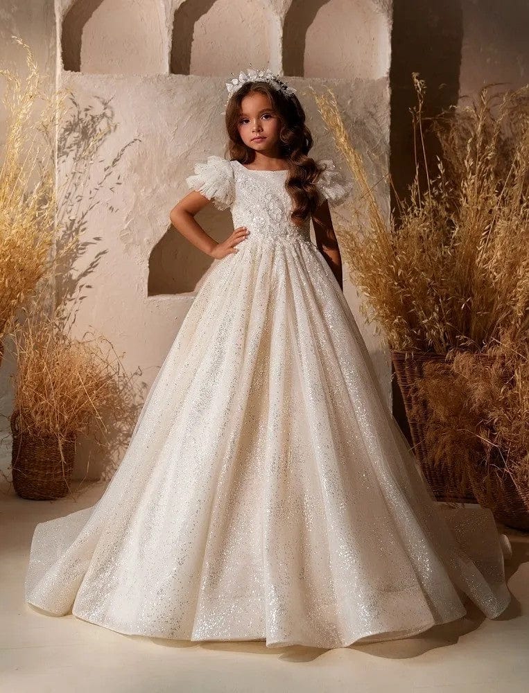 3m / Ivory Sunnypetal Gorgeous Flower Girl Dresses Ivory Embellished Tulle Sparkle Sequins Dress