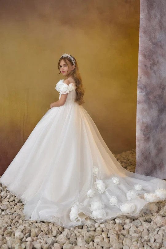 3m / Ivory Sunnypetal Ivory Floral Tulle Flower Girl Dresses Scoop Neck Off-The-Shoulder Communion Dress