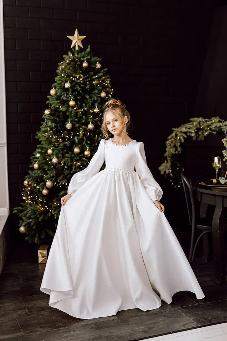 3m / Ivory Sunnypetal Ivory Satin Flower Girl Dress Puffy Long Sleeves High Waist Wedding Communion Dress