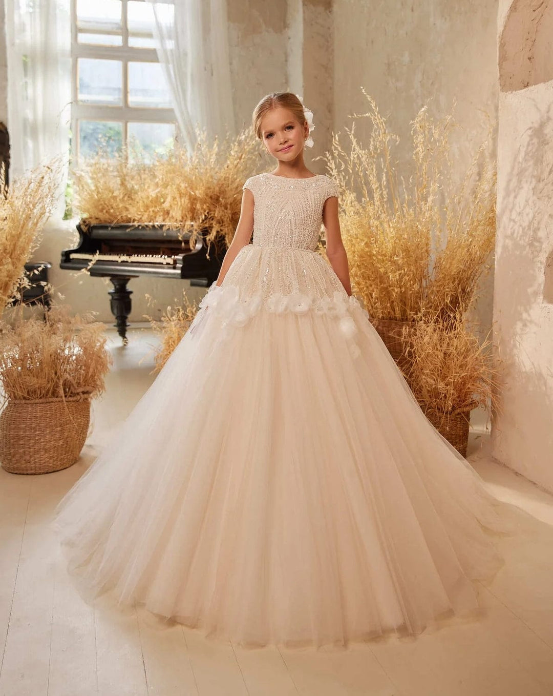 3m / Ivory Sunnypetal Ivory Tulle Dress Sequins Bodice Short Sleeves Floral Flower Girl Dresses