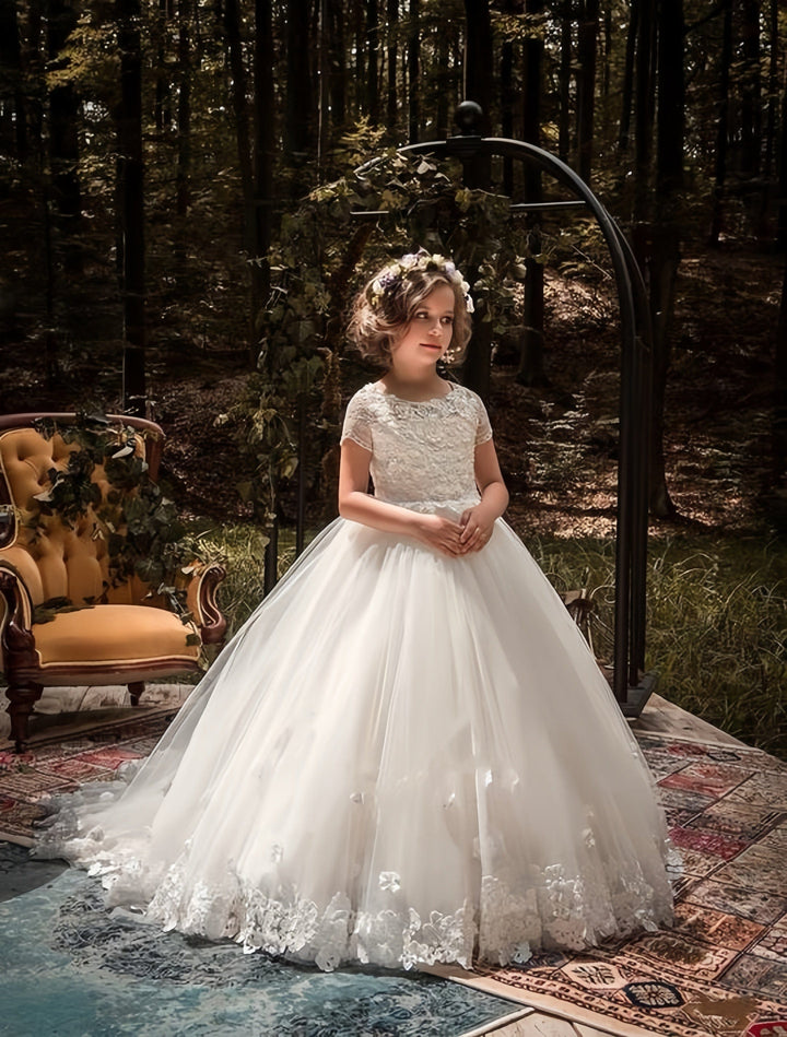 3m / Ivory Sunnypetal Lace Appliques Ball-Gown Princess Dress Tulle Floral Flower Girl Dress With Train