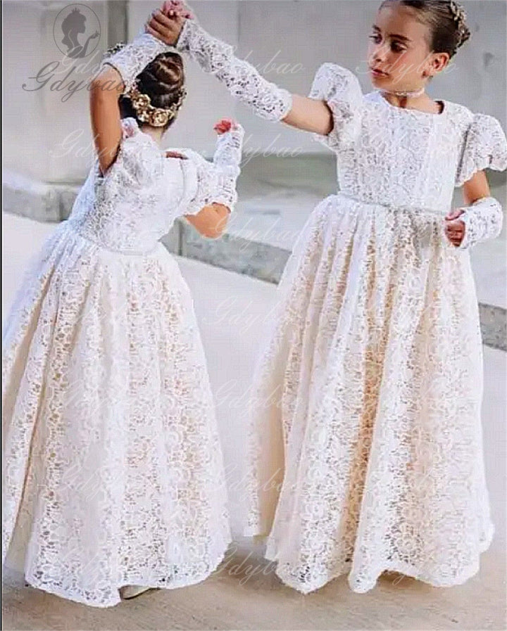 3m / Ivory Sunnypetal Lace Flower Girl Dress For Wedding Puffy Sleeves  Kids Birthday Party First Communion