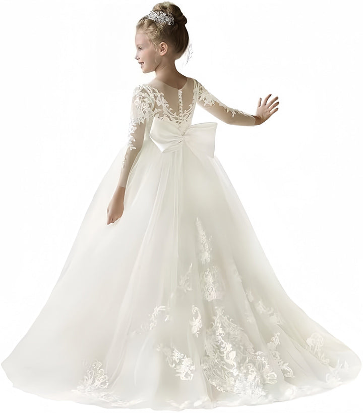 3m / Ivory Sunnypetal Lace Tulle Wedding Flower Girl Dress Long Sleeve Applique with Bow Knot