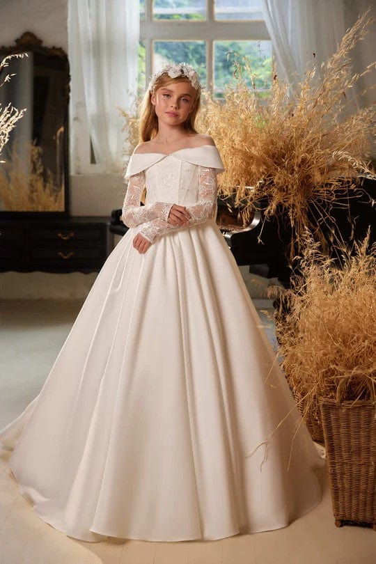 3m / Ivory Sunnypetal Off-The-Shoulder Lace Appliques Long Sleeves Satin Flower Girl Dresses