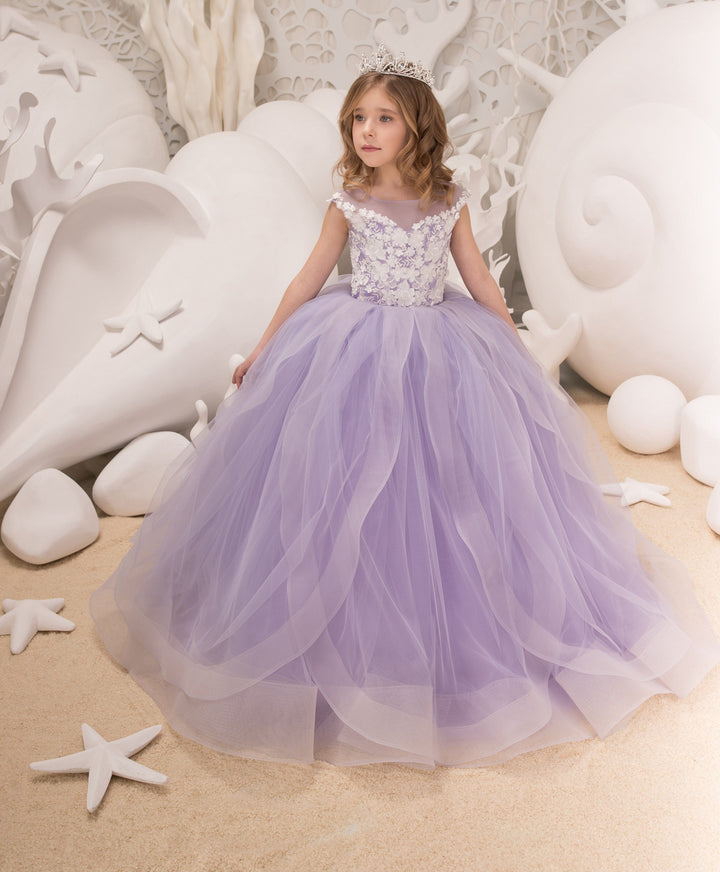 3m / Lavender Purple Sunnypetal Princess Floor-Length Tulle Lace Flower Girl Dress