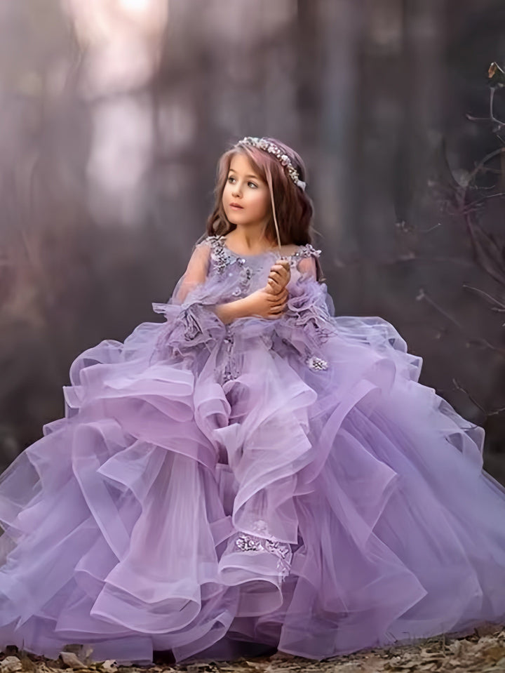 3m / Lavender Sunnypetal Lavender Flower Girl Dresses Appliques Tulle Ruffles Child Princess Ball Gown