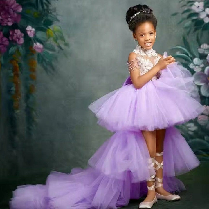 3m / Lavender Sunnypetal Pageant Gown Kids Flower Girl Dress Beaded Lace Tulle Ruffles with Train