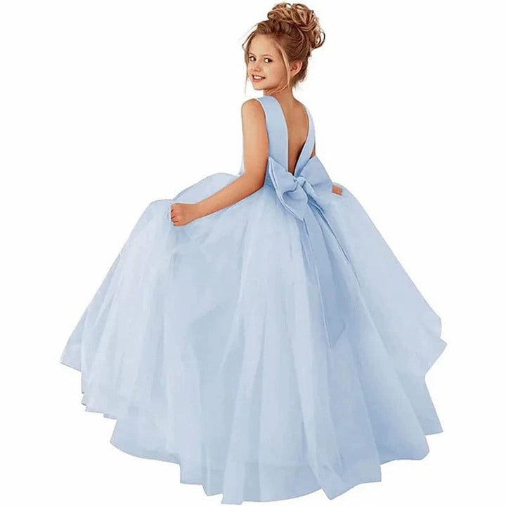 3m / Light Blue Sunnypetal Ball-Gown Satin Bow Tulle Pearls Floor-Length Flower Girl Dress