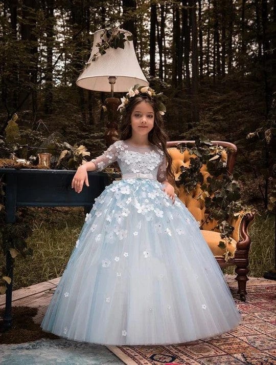 3m / Light Blue Sunnypetal Light Blue Flower Girl Dresses Half sleeves Tulle Ball Gown Dress With 3D Flower