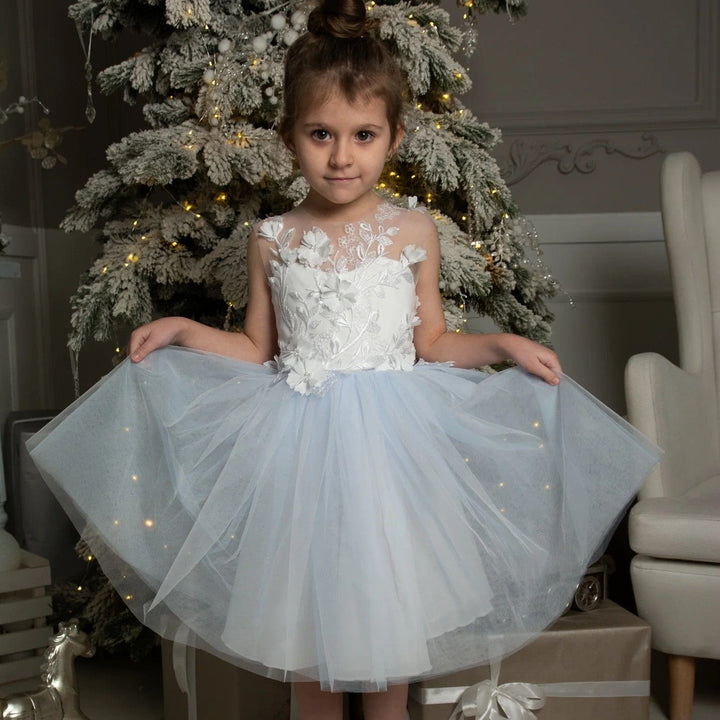 3m / Light Blue Sunnypetal Tulle Applique Sleeveless Knee-Length Kids Flower Girl Dress with 3D Floral/Bow