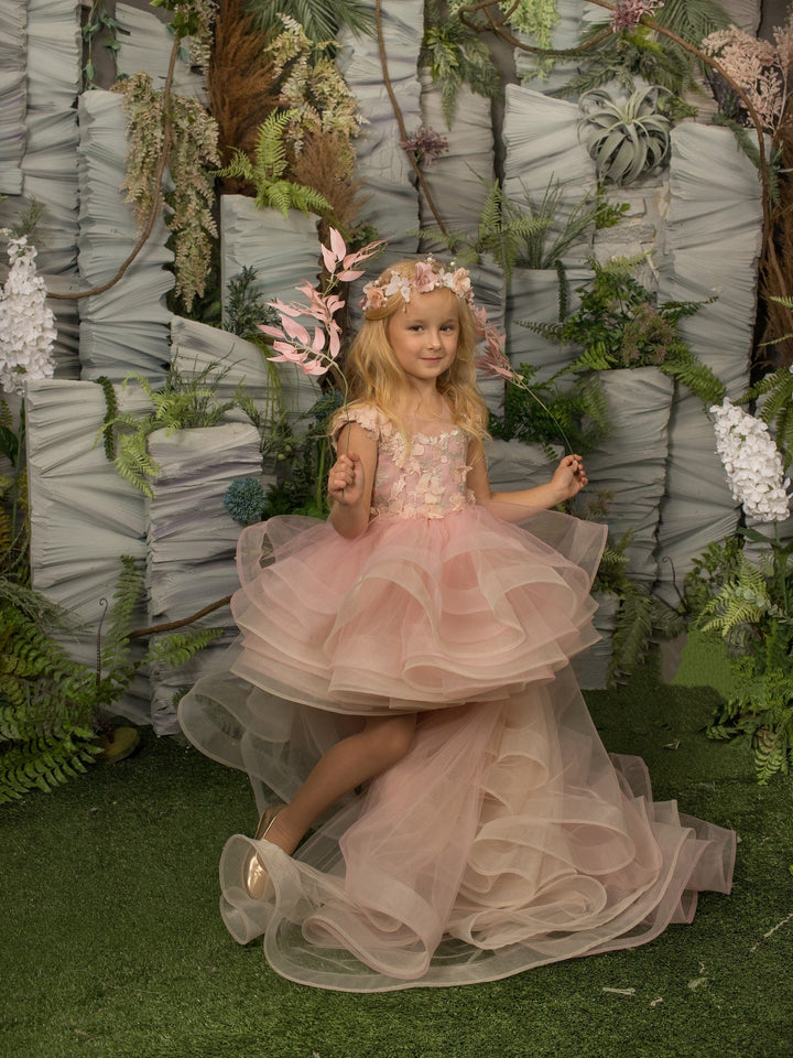 3m / Light Pink Sunnypetal Light Pink Short Sleeves Appliques Tulle Flower Girl Dresses with Train