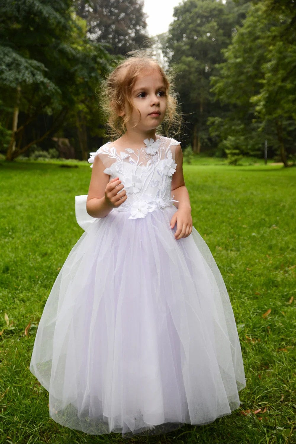 3m / Lilac Without Train Sunnypetal Puffy Tulle Flower Girl Dress Lace Sleeveless Wedding Birthday Party Dresses