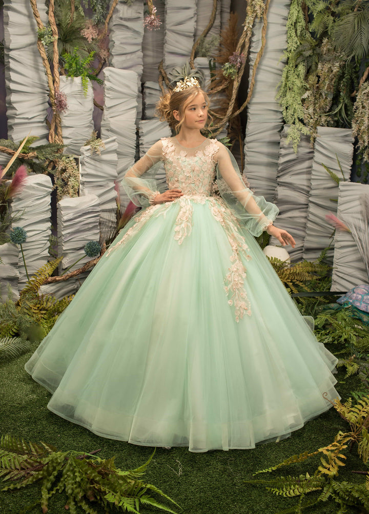 3m / Mint Green Sunnypetal Mint Green Long Sleeves Tulle Appliques Floral Flower Girl Dresses with Train