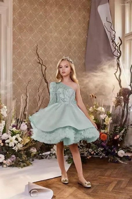 3m / Mint Sunnypetal One Shoulder Single Seeve Satin Flower Girl Dresses Beaded Knee Length Party Dress