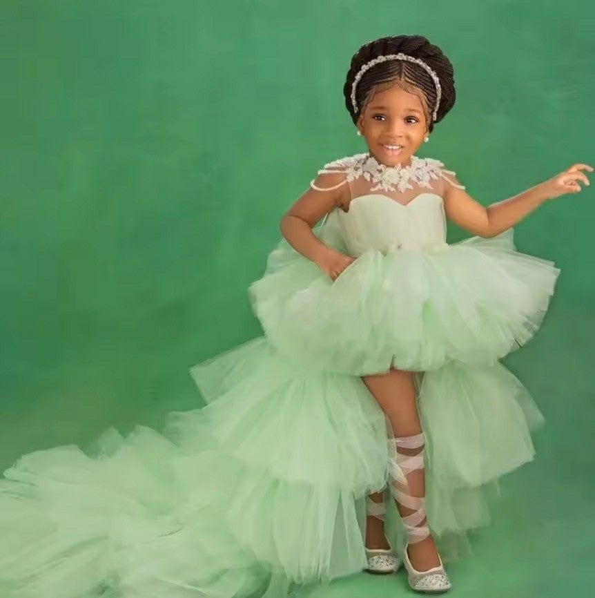 3m / Mint Sunnypetal Pageant Gown Kids Flower Girl Dress Beaded Lace Tulle Ruffles with Train