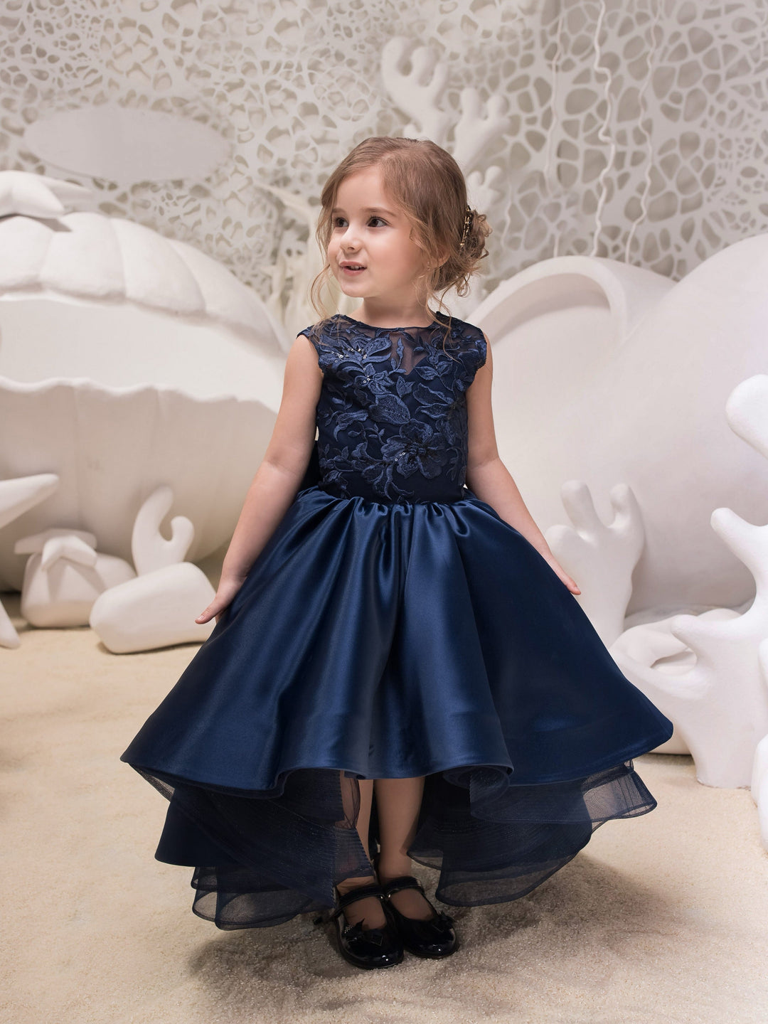 3m / Navy Sunnypetal Elegant Satin Appliques Kids Flower Girl Dresses High-Low Floor-Length With Bow