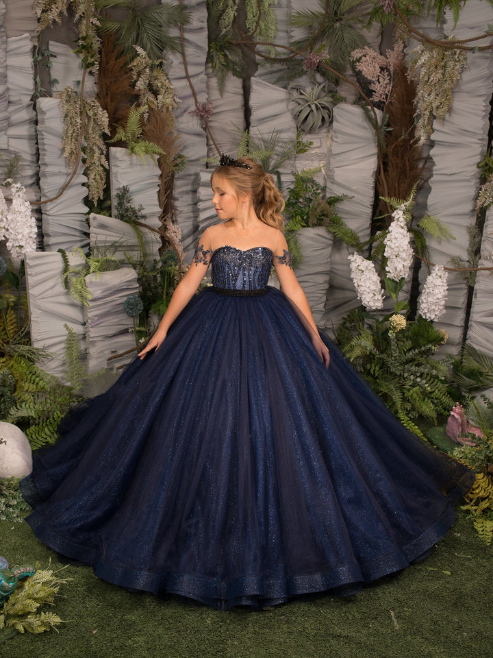 3m / Navy Sunnypetal Navy Shiny Tulle Flower Girl Dresses Short Sleeves Appliques Beading Sequins Ball-Gown